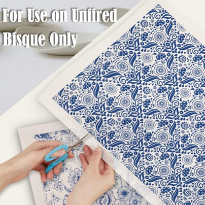 SUPERDANT 6PCS Flowers Leaf Underglaze Paper Transfer Paisley Transfer Papers for Clay Ceramic Porcelain Under Glaze Transfers for Pottery Enamel Decals Blue Underglaze Decal Handcrafted Gifts - style: Flower Pattern