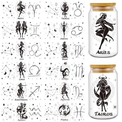 Constellation UV DTF Cup Wraps - 12 Sheets Twelve Zodiac Signs Uvdtf Decals for 16 oz Glass Cups, Black Astrology UV Transfer Stickers, Waterproof Rub on Transfer for Water Bottle DIY Crafts - style: Twelve Zodiac Signs