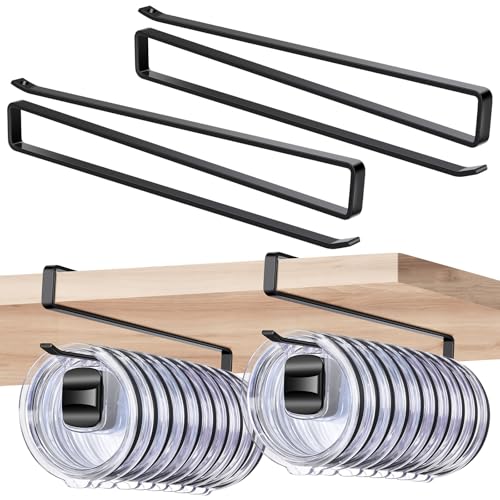 2 Pack Tumbler Lid Organizer, Cup Lid Holder for 24 Lids Under Cabinet, Space Saving Hook for Kitchen Storage and Coffee Cups, No Drilling, Carbon Steel,(Black)