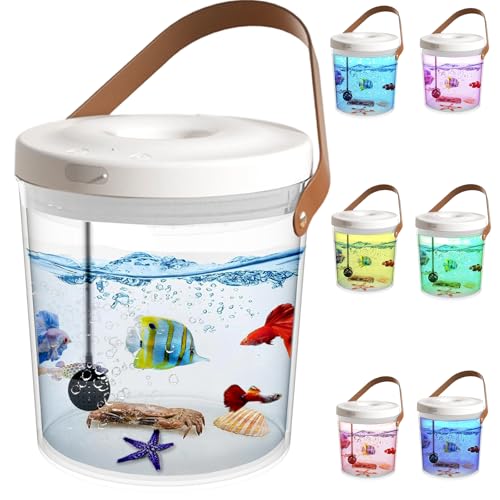 Rechargeable Portable Fish Tank with Lid, Small Plastic Desktop Aquarium Kit with 7 Color LED Light & Quiet Pump, Oxygen-Injected Fish Tank Kits, Travel Goldfish Tank Starter Kit