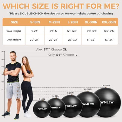 Extra Thick Exercise Yoga Ball, 5-Size Anti-Burst Heavy Duty Stability Gym Ball for Fitness, Core Workout, Pregnancy & Office Chair, Includes Quick Pump - size: M(19-22ines/48-55cm)