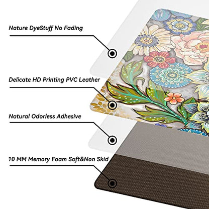 Boho Floral Kitchen Rugs Mats for Floor 2 Piece Memory Foam Padded Kitchen Mats Anti Fatigue Non Slip Cushioned Comfort Standing Mat, 17.3x28+17.3x47 Inch