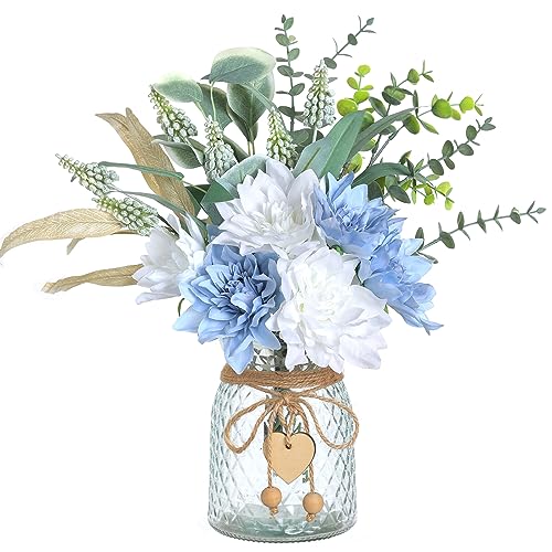 Faux Flowers with Vase,Artificial Silk Flowers in Vase, Fake Plant Eucalyptus and Willow,Flower Arrangement for Home Farmhouse Dining Table Centerpiece Decorations Coffee Table Decor (Dusty Blue) - color: Dusty Blue