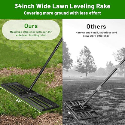 Lawn Leveling Rake 34"x10",Lawn Leveling Tool with 68" Long Adjustable Stainless Steel Handle for Leveling Soil,Grass,Sand or Dirt,Heavy Duty Lawn Leveler for Backyard,Garden,Golf Course,Farm,Pasture - style: 34"x10"
