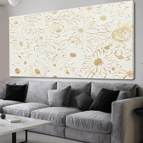 YJYart White Minimalist Wall Art, Canvas Textured Painting,Gold Flowers Floral Modern Abstract Art Wall Decor for Bedroom,Living Room And Office Hallway 29"x58" - color: Gold, size: 58"L x 29"W