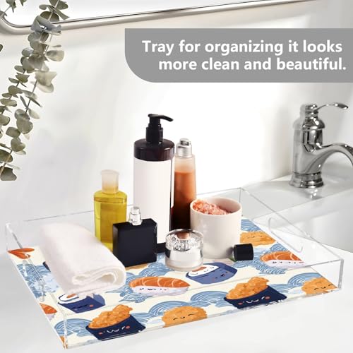 Acrylic Tray Clear Serving Vanity Ottoman Bathroom Coffee Table Countertop Organizer Raised Edge Spill Proof Cute Sushi and Blue Waves - color: Cute Sushi and Blue Waves