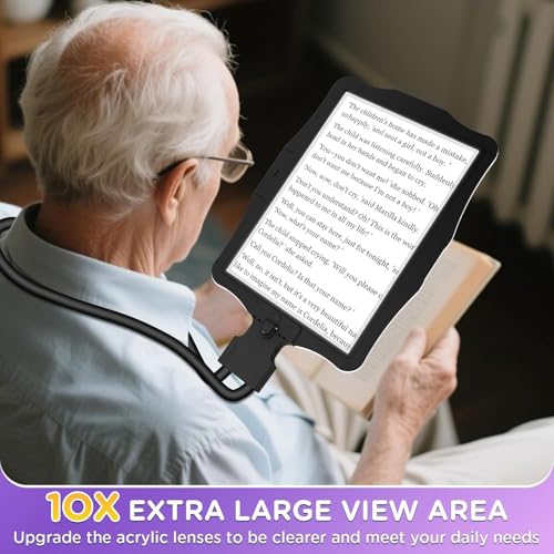 Large 10X Rechargeable Magnifying Glass for Reading with Light Hands Free Magnifying Glass Neck Wear Magnifier with 50 Led Lights Full Book Page Magnifier for Seniors Low Vision Elderly - color: Black