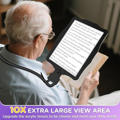Large 10X Rechargeable Magnifying Glass for Reading with Light Hands Free Magnifying Glass Neck Wear Magnifier with 50 Led Lights Full Book Page Magnifier for Seniors Low Vision Elderly - color: Black