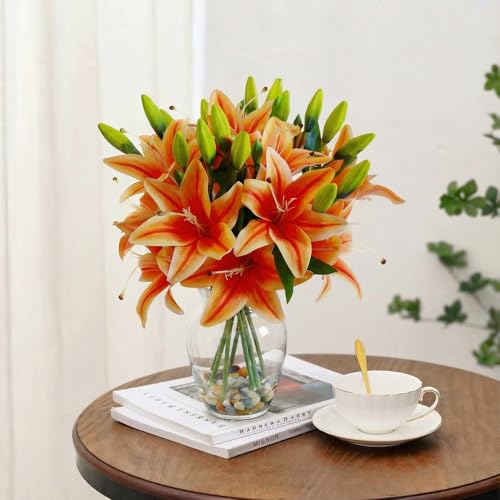 Garvee Tiger Lily Artificial Flowers, Lifelike Fake Lilies in Vase with Faux Water, Artificial Floral Arrangements for Home Office Anniversary, Birthday & Special Occasions Decor, Orange