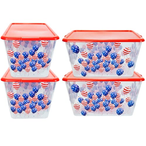 Storage Totes with Lids 4PC - Made in USA 14.5-Gallon Colorful Printed Decorative Design Storage Boxes Storage Bins with Lids Plastic Storage Containers for Organizer Red/Patriotic Balloon - color: Red/Patriotic Balloon