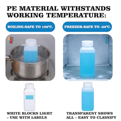 DEMORA 3.4oz Small Square Plastic Travel Bottles, Reusable Leak Proof Liquid Containers with Caps and Stickers for Pill, Water, Juice（4 Translucent & 4 White, 8 Pcs）