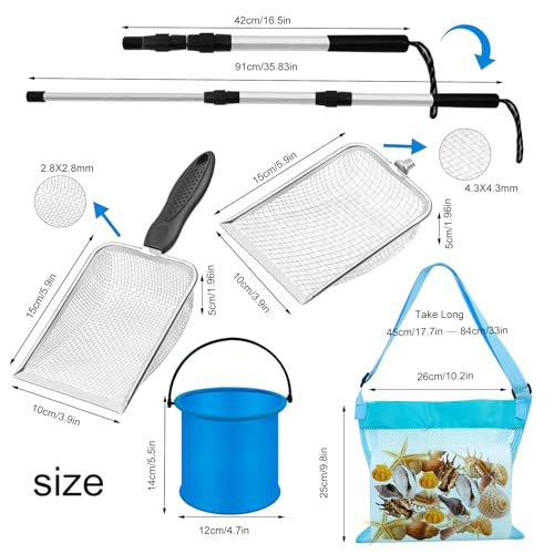4pcs Shelling Scooper Tools for Beach, Adjustable Shark Tooth Sand Sifter with Mesh Shell Collecting Bag Foldable Beach Bucket Beach Scoop Shovel Toys for Adults Kids Picking Seashell Rock Hunting(B) - color: Blue