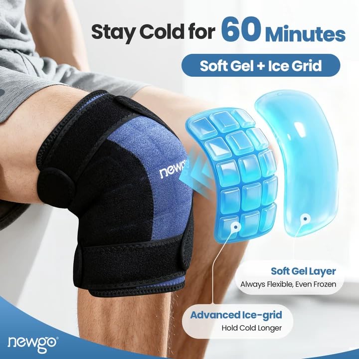 NEWGO 360° Knee Ice Wrap, 60-Min Cold Therapy with Ice Grid, 2 Pack - style: Navy-2 Packs