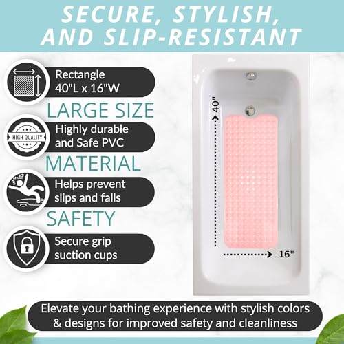 Bath Mat - Large Non Slip Bathtub & Shower Mat - Extra Long 40 x 16 Inch Bathroom Mats for Tub Nonslip Anti Slip Bathmats (40x16 Baby Pink 1-Pack) - color: Baby Pink