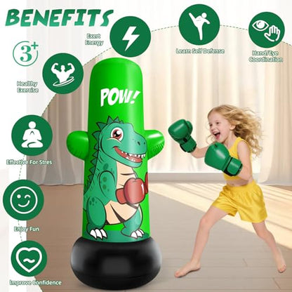 47” Tall Inflatable Dino Punching Bag for Kids | 47” Tall Bop Bag Punching Toy, Inflatable Dinosaur Toy with Bounce- Back Action for Ages 3-8, Great for Boys and Girls