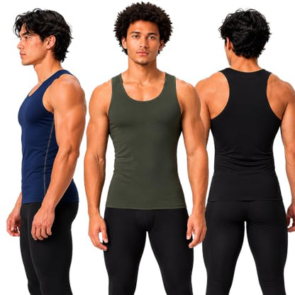 DEVOPS 3 Pack Men's Muscle Dry Fit Compression Tank Top Sleeveless Shirt - color: Black / Olive / Navy, size: XX-Large