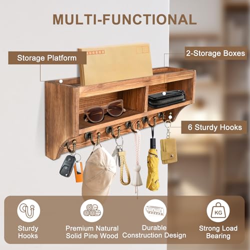 Key Holder Wall Mount with Mail Organizer, 6 Hooks & Shelf, Brown - color: Brown