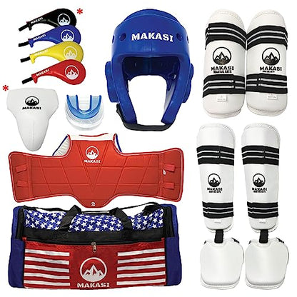 Martial Arts Taekwondo Sparring Gear Equipment Set Headgear Shin Instep Arm Chest Mouthguard Bag - color: Blue