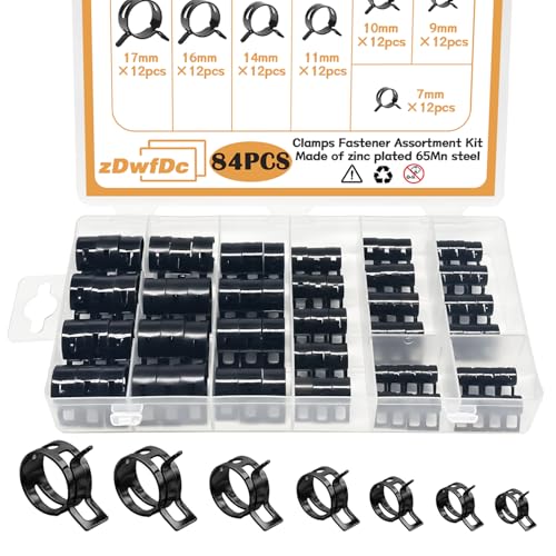 84PCS 7-17mm Fuel Line Hose Clamps Spring Clamp Firmware Silicone Vacuum & Automotive Replacement Fastener Sorting Kit, Black Manganese Steel Spring Hose Clamp DD006-b - color: Black Zinc