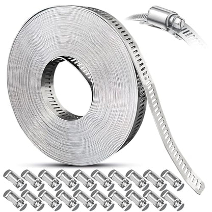 Hose Clamps Stainless Steel, Large Worm Gear Duct Pipe Hose Clamp Assortment Kit, Band Fittings Strap, 32.81FT Adjustable Metal Bolt with 20 Stronger Fasteners Screw for Plumbing Auto Tube Fuel Line