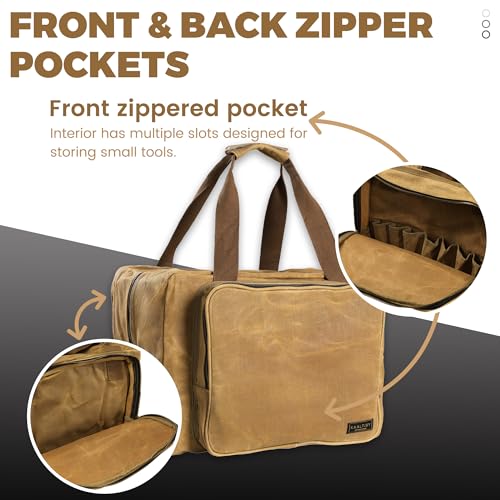 Tool Tote Bag - Large Capacity Tool Carrying Bag with 2 Zipper Pouches, Sustainable 16OZ Waxed Canvas Garden Tote for Gardening Set Hammer Fishing Gear Goggles - Khaki - 15.5"L x 7.5"W x 11.5"H - color: Khaki