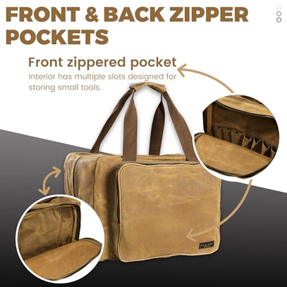 Tool Tote Bag - Large Capacity Tool Carrying Bag with 2 Zipper Pouches, Sustainable 16OZ Waxed Canvas Garden Tote for Gardening Set Hammer Fishing Gear Goggles - Khaki - 15.5"L x 7.5"W x 11.5"H - color: Khaki