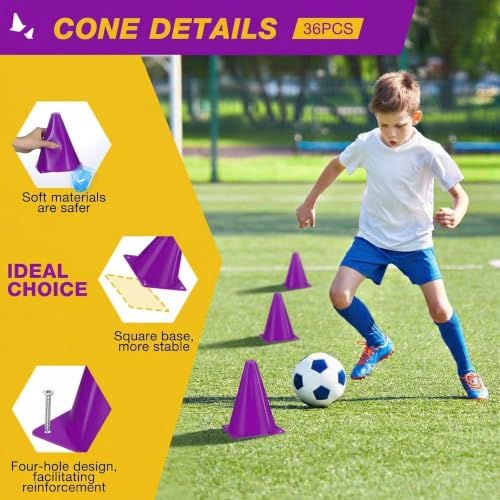 36pcs Cones 7 Inch Soccer Cones and Plastic Traffic Cones, Durable Cones for Sports Training, Ideal for Soccer, Basketball, Football, Skating, and Agility Drills Practice - color: purple