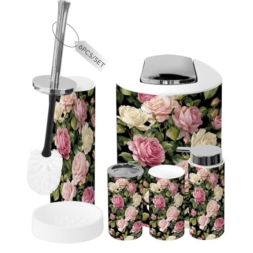 Bathroom Accessory Set 6 Piece Peony Roses Black White Stripes Flowered Trash can, Toothbrush Holder, Toothbrush Cup, Soap Dispenser, Soap Dish, Toilet Brush Holder - color: Color2