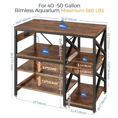 40-50 Gallon Fish Tank Stand with Power Outlet,Adjustable 3-Tier Aquarium Stand,660lbs Heavy Duty Terrarium Stand,Breeder Reptile Tank Stand Suitable for Home Office,36.6”×18.9” ×30.5”,Rustic Brown - color: Rustic Brown, size: 40-50gallon