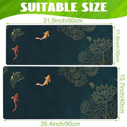 Large Gaming Mouse Pad, Koi Fish Ink Painting Desk Mat, Golden Line Lotus Desk Pad, Extended Big Computer Keyboard Mouse Pad with Non-Slip Base and Stitched Edge, 35.4"x15.7"
