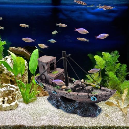 Aquarium Shipwreck Decor Fish Tank Sunken Ship Ornament Pirate Shipwreck Decoration Resin Sunken Boat Betta Fish Sunken Ships Accessories for Freshwater Saltwater Tanks, Dark Brown - style: Sunken ship (A)