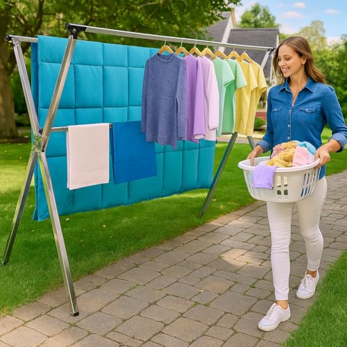 AZK Clothes Drying Rack Extendable Laundry Drying Rack with 20 Hooks | Stainless steel Sturdy Lightweight Frame Foldable Portable Design for Indoor and Outdoor Sun Drying of Garments 79.55In - size: 79.55 inches
