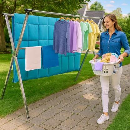 AZK Clothes Drying Rack Extendable Laundry Drying Rack with 20 Hooks | Stainless steel Sturdy Lightweight Frame Foldable Portable Design for Indoor and Outdoor Sun Drying of Garments 79.55In - size: 79.55 inches