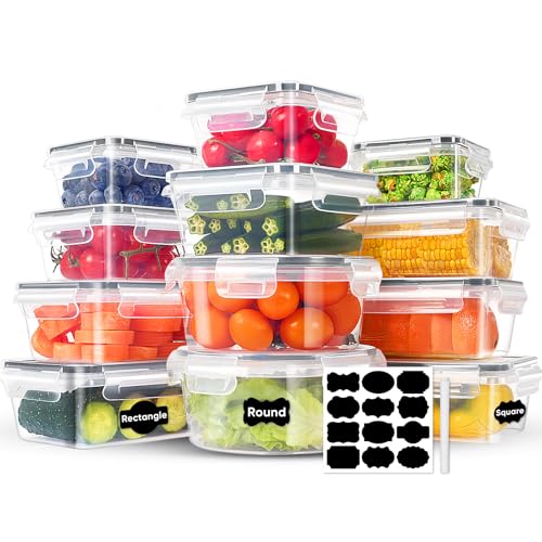 24-Piece Food Storage Containers, Leakproof Airtight | BPA-Free, PVC-Free, Food-Grade Plastic, 12 Containers + 12 Lids, Reusable, Microwave Safe, Dishwasher Safe, Meal Prep