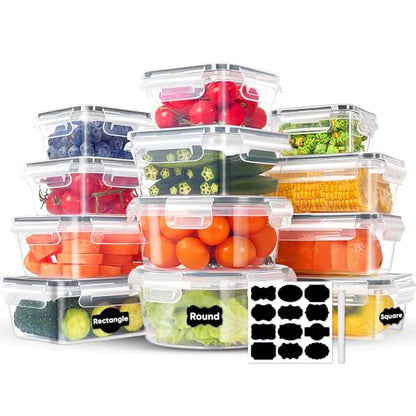 24-Piece Food Storage Containers, Leakproof Airtight | BPA-Free, PVC-Free, Food-Grade Plastic, 12 Containers + 12 Lids, Reusable, Microwave Safe, Dishwasher Safe, Meal Prep