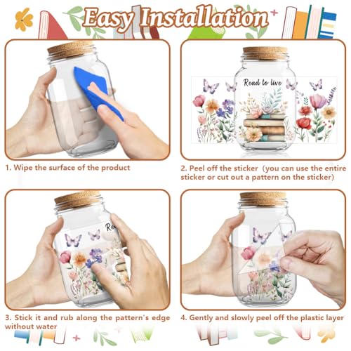 UV DTF Cup Wraps Transfer Stickers Book and Flowers Pattern, 10 Sheets Waterproof Custom Vinyl Transfer Sticker 16oz Coffee Glass Cup Tumbler Bottle Mug Decals for Men Women - style: Book and Flowers