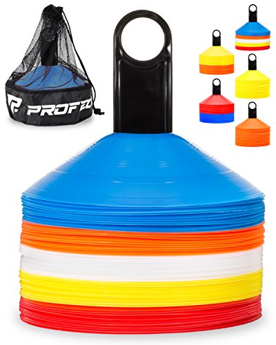 Pro Disc Cones (Set of 50) - Agility Soccer Cones with Carry Bag and Holder for Sports Training, Football, Basketball, Coaching, Practice Equipment, Kids - Includes 15 Best Cone Drills Book - color: Multi Color (Orange, Yellow, Blue, White and Red)