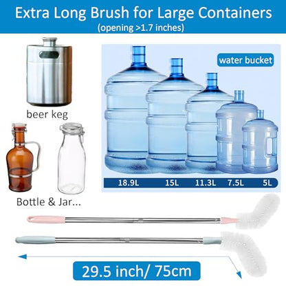 2 Pack 29.5" Bottle Brush Extra Long Stainless Steel Bottle Brushes Bendable Nylon Brush Durable 5-Gallon Water Bucket Cleaner Brushes 360° Scrubbing for Tanks, Barrels & Big Bottles (Opening > 1.7")