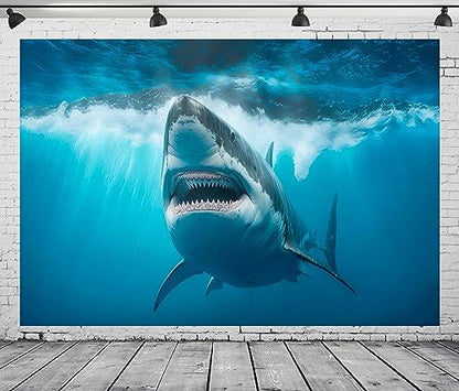 BELECO 5x3ft Fabric Shark Under the Sea Backdrop Ocean Shark Underwater Blue Sea Waves Background Themed Party Decorations Birthday Photoshoot Studio Props - size: 5x3FT