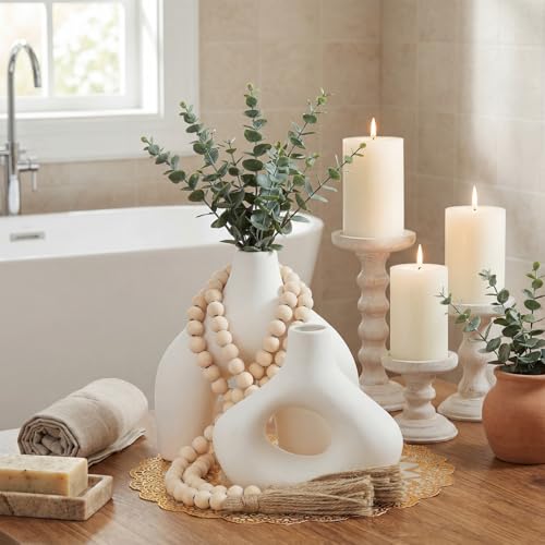4 Pcs Rustic Country Tabletop Centerpieces Set of 2 Boho Ceramic Flower Vases Wooden Beads Garland and Gold Round Placemats for Farmhouse, Boho Home Coffee Table Decor