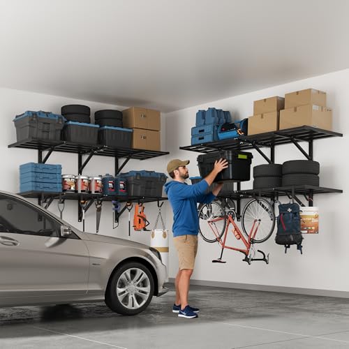 FLEXIMOUNTS 2-Pack 2x6ft Garage Wall Shelving with 8 Hooks, 1200lbs, Black | Heavy Duty Garage Shelving Wall Mounted, Rustproof Finish, Storage for Power Tools, Garden Supplies, Storage Bin, Lite Series - size: 2 pack-2x6 ft