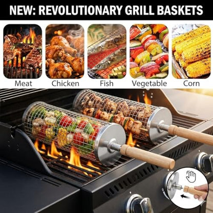 Rolling Grill Basket; 2 PCS; Stainless Steel; Nesting BBQ Tools; Grill Basket for Vegetables, Shrimp, Fish & Meat – Rotating BBQ for Outdoor Cooking and Grilling Accessories