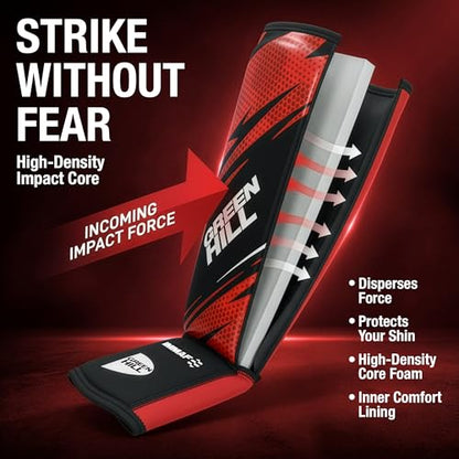 Green Hill IMMAF Shin Guards for MMA, Muay Thai & Kickboxing - color: Black/Red, size: X-Large