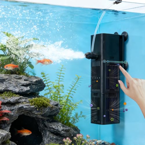 Aquarium Filter Water Flow Adjustable for 20-40 Gallon Fish Turtle Tank 132GPH 4in1 Biochemical Filtration Powerful Submersible Internal Pumps & Filters Keep Freshwater Saltwater Crystal Clear Small - size: 132GPH-Water Flow Adjustable