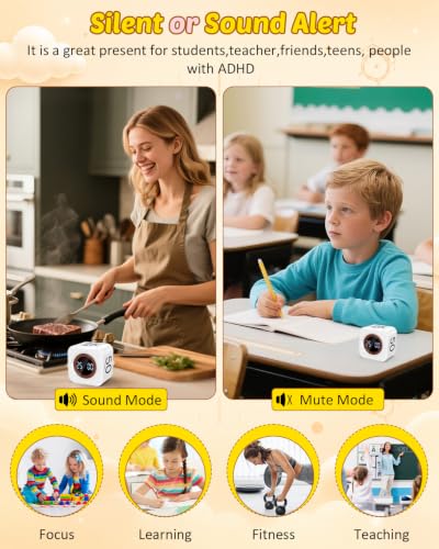 Digital Pomodoro Timer Cube 5/10/25/50min Preset, Silent & Sound Alarm - color: White