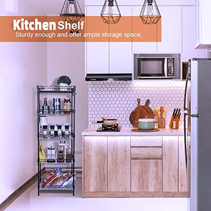 Storage Shelves, 5-Tier Wire Shelving Unit with Baskets Storage Rack Corner Shelf Shelving Adjustable Storage Shelf, 11.8" D x 15.7" W x 63" H, Black