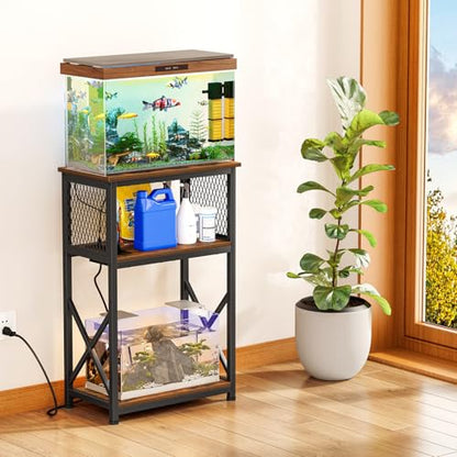 Snughome 10 Gallon Fish Tank Stand with Power Outlets, Aquarium Stand with Storage, 3 Tier Heavy Metal Reptile Tank Stand Fish Tank Shelf 20.47" x 11.42" x 30.91", Rustic Brown - color: Brown With Outlet, size: 10 Gallon