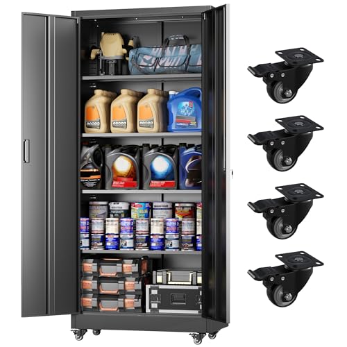 73" Rolling Storage Cabinet,Black Metal Garage Cabinet with Locking Doors and 4 Adjustable Shelves for Home,Kitchen,Office,Warehouse(32" W x 16" D,Wheels) - color: Black, size: 73" Wheels