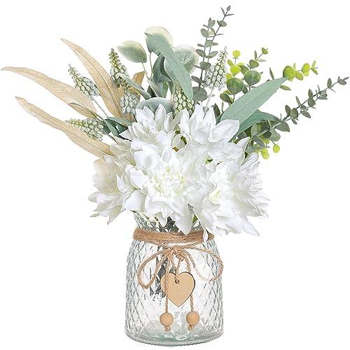 Faux Flowers with Vase,Artificial Silk Flowers in Vase, Fake Plant Eucalyptus and Willow,Flower Arrangement for Home Farmhouse kitchen Dining Table Centerpiece Decorations Coffee Table Decor (White) - color: White