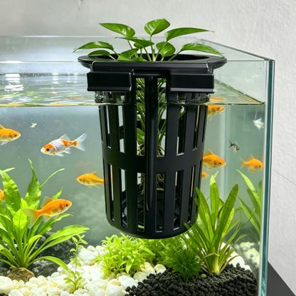 Aquarium Plant Holder Pack of 2 Black Hanging Aquatic Plant Cup Pot for Fish Tank,Round Hydroponic Planter Basket for Aquascape，3-Size Hooks & Suction Cups